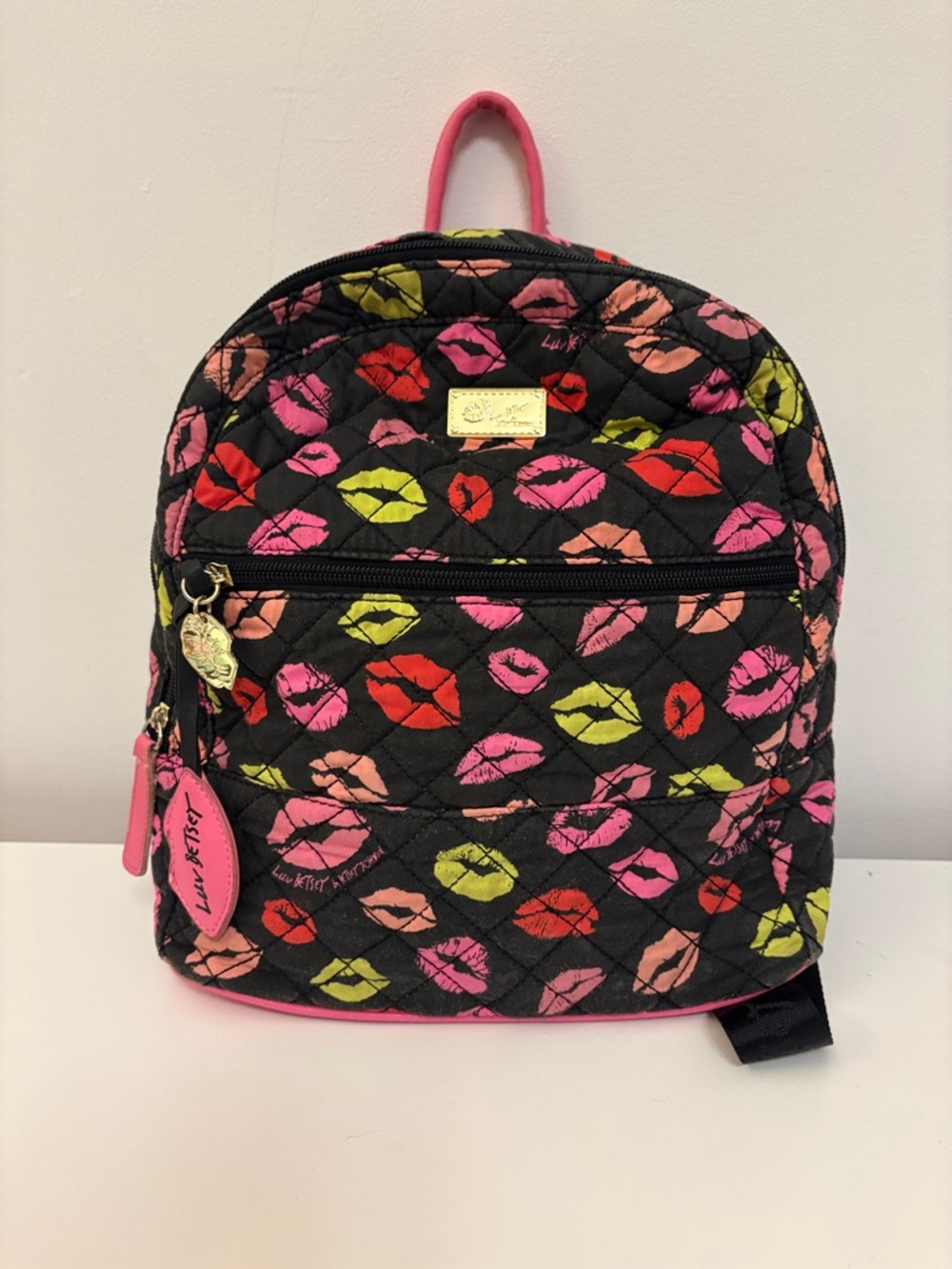 Black Quilted Lip-Print Mini Backpack
